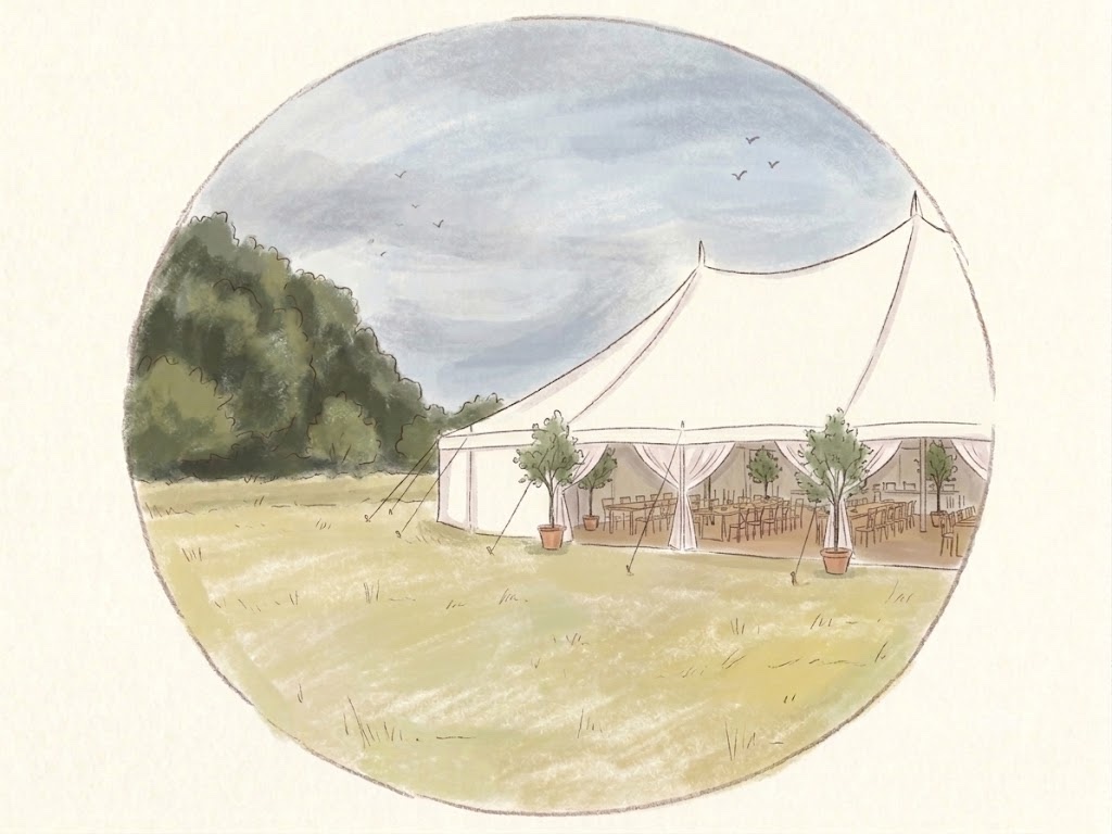 A drawing of the marquee at Old Hill Farm, standing in its field